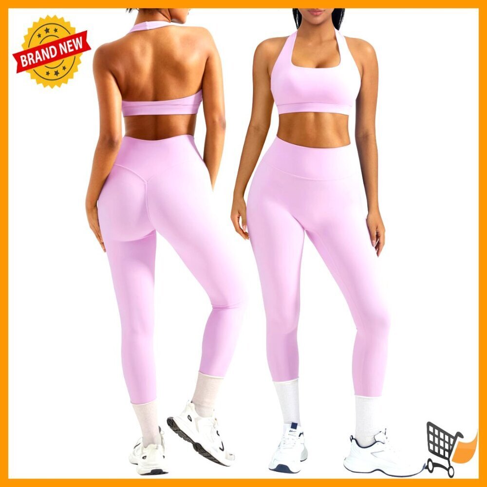 Halter Sports Bra Scrunch Leggings Workout Set Medium Support Gym Outfits